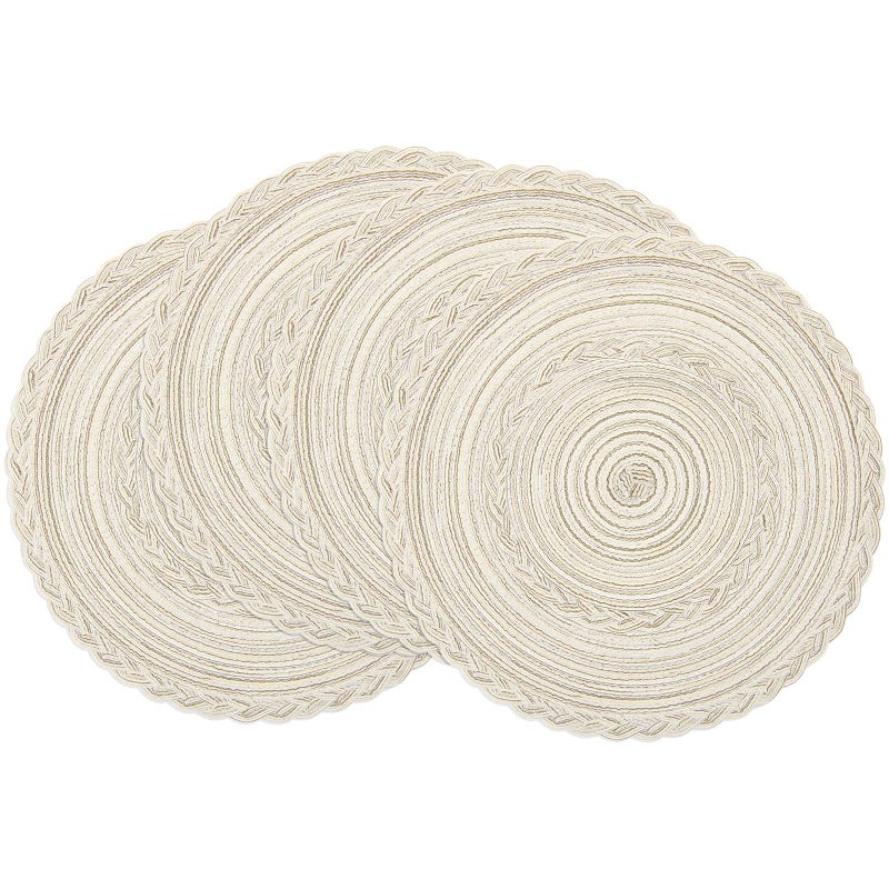 SHACOS Round Placemats Set of 4 Boho Braided Border Place Mats for Dining Tables Wedding Holiday Party (Ivory Bordered, 4) - Image 1